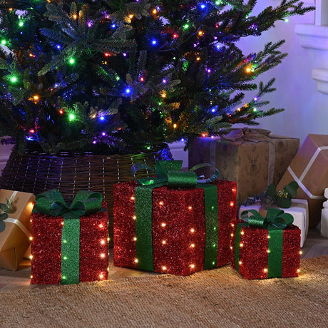 Set of 3 Battery LED Christmas Presents Red Christmas Tree