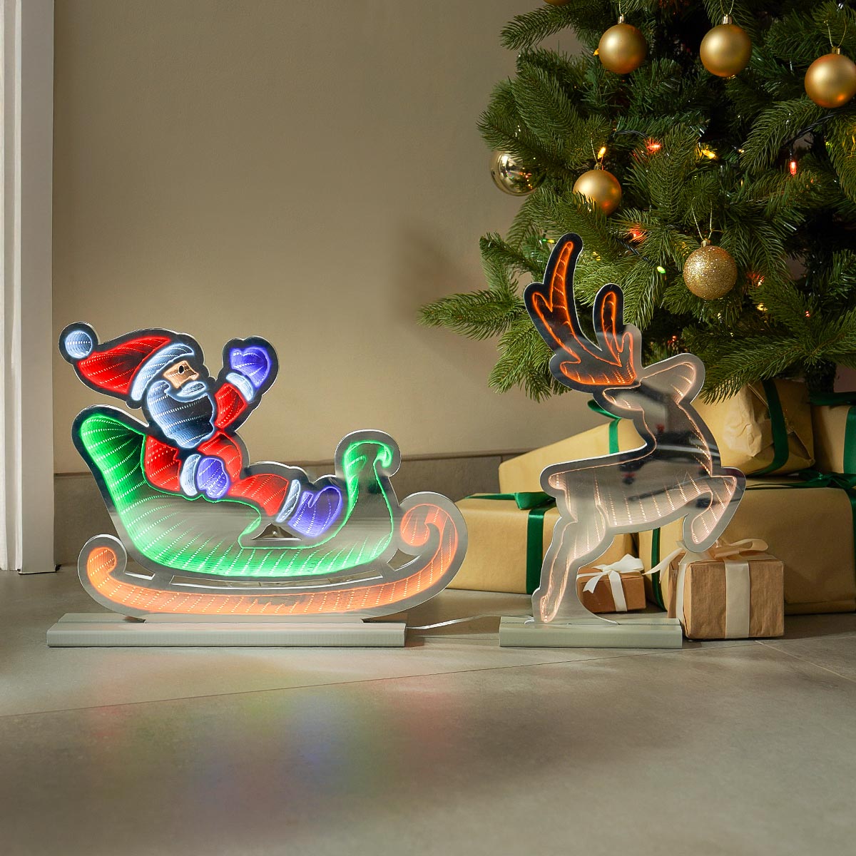 60cm Infinity Christmas Light Santa Sleigh and Reindeer