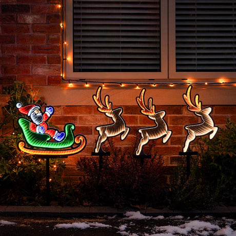 Outdoor Infinity Mirror Santa Sleigh with Reindeer Stake Lights
