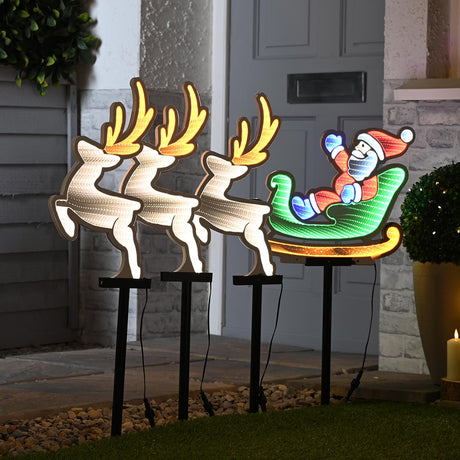 Outdoor Infinity Mirror Santa Sleigh with Reindeer Stake Lights