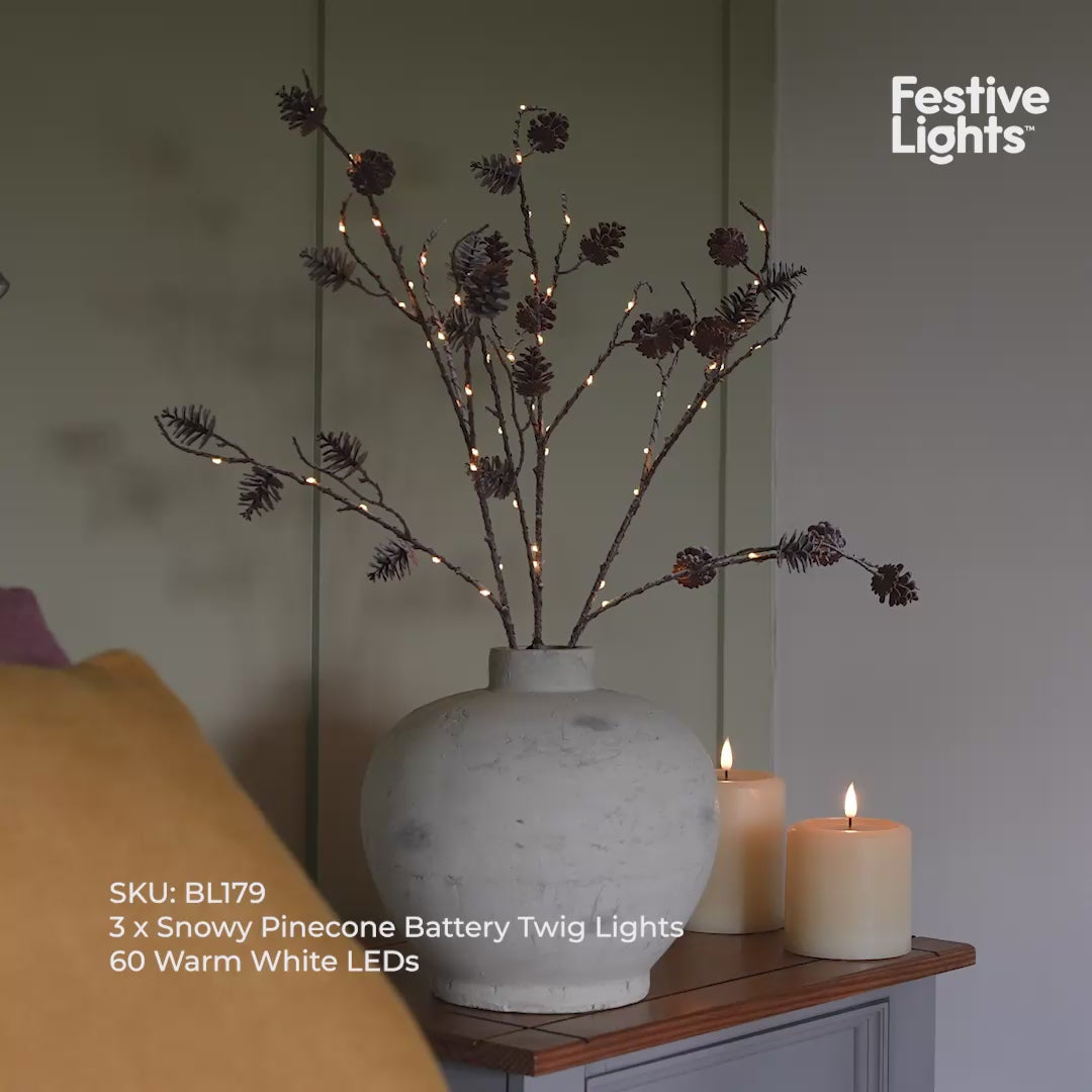3 x Snowy Pinecone Battery Twig Lights 60 Warm White LEDs