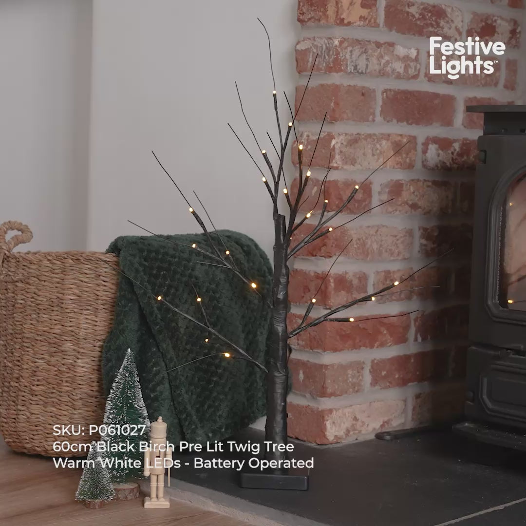60cm Pre Lit Twig Tree Warm White LEDs Battery Operated