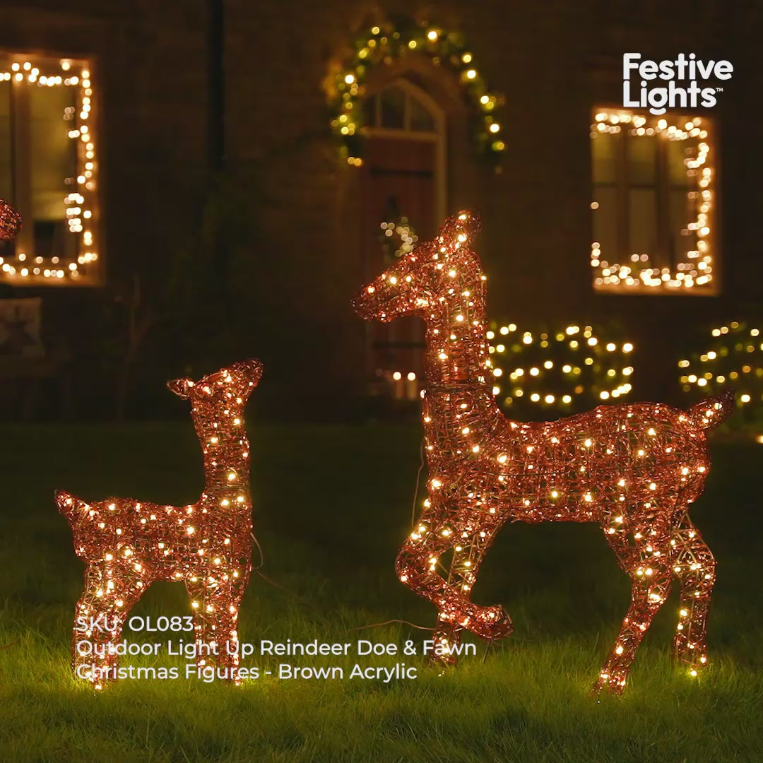 Outdoor Light Up Reindeer Doe & Fawn Christmas Figure Brown Acrylic