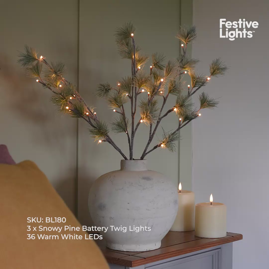3 x Snowy Pine Battery Twig Lights 36 Warm White LEDs