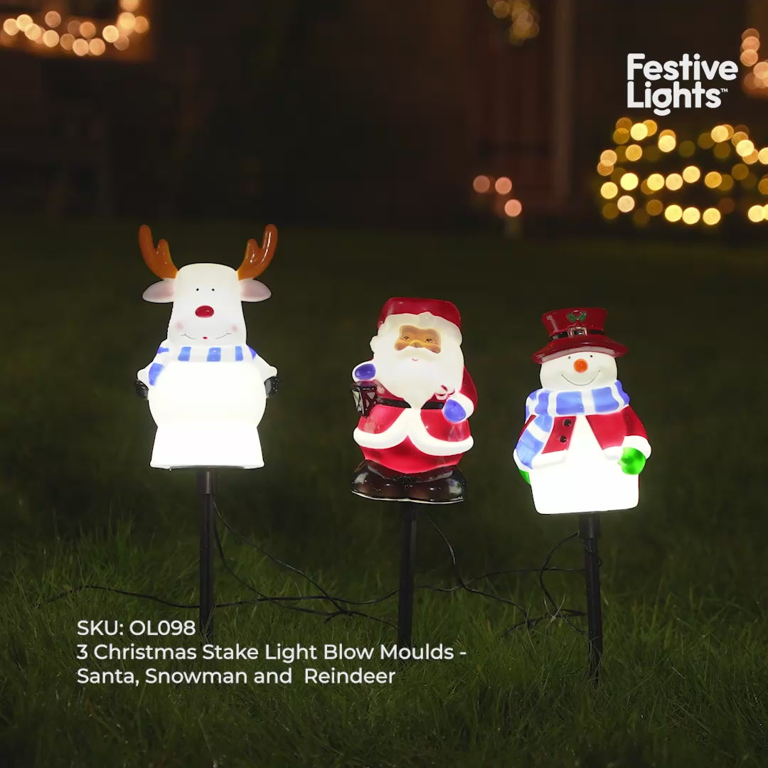 3 Christmas Stake Lights Blow Moulds Santa Snowman Reindeer