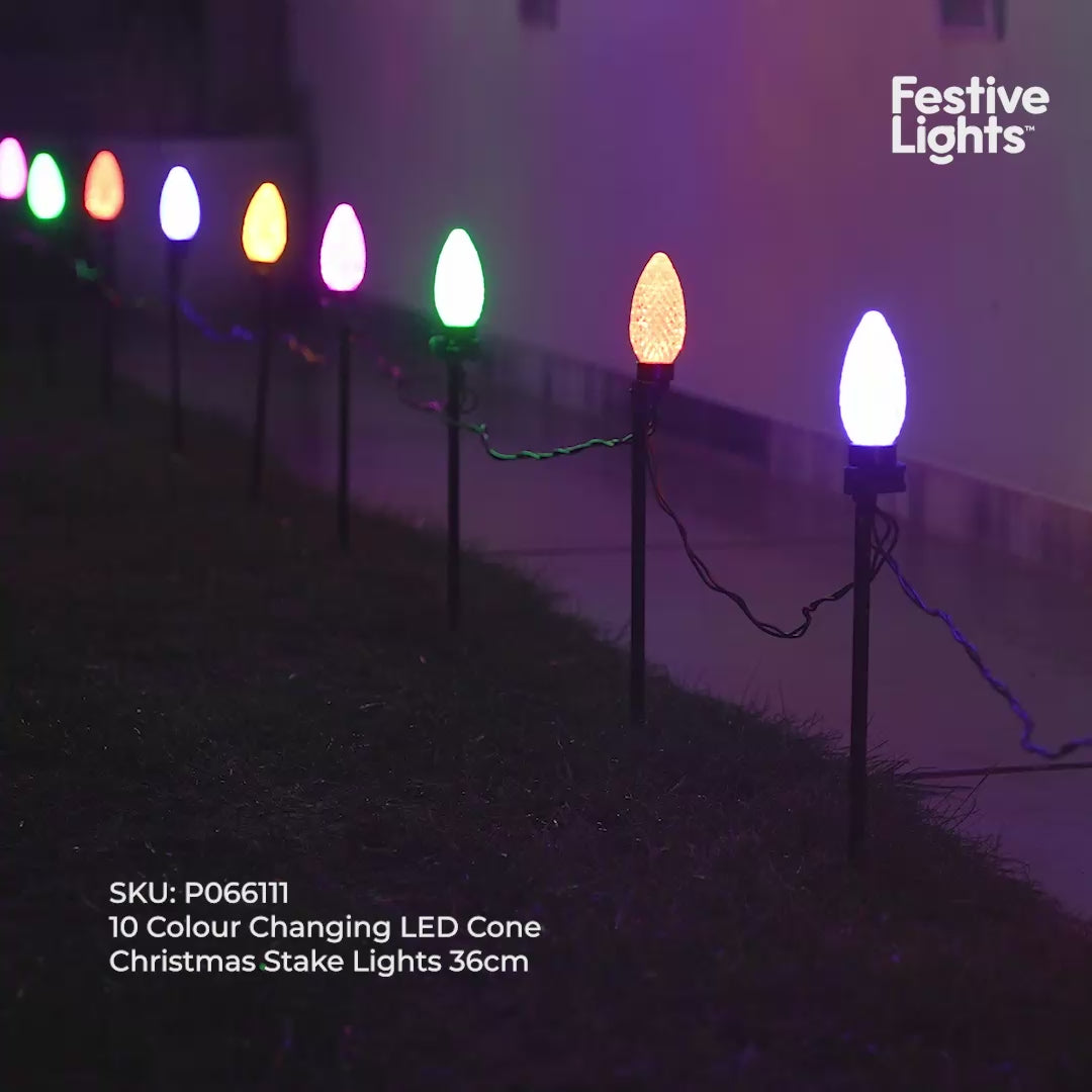 10 Colour Changing LED Cone Christmas Stake Lights 36cm