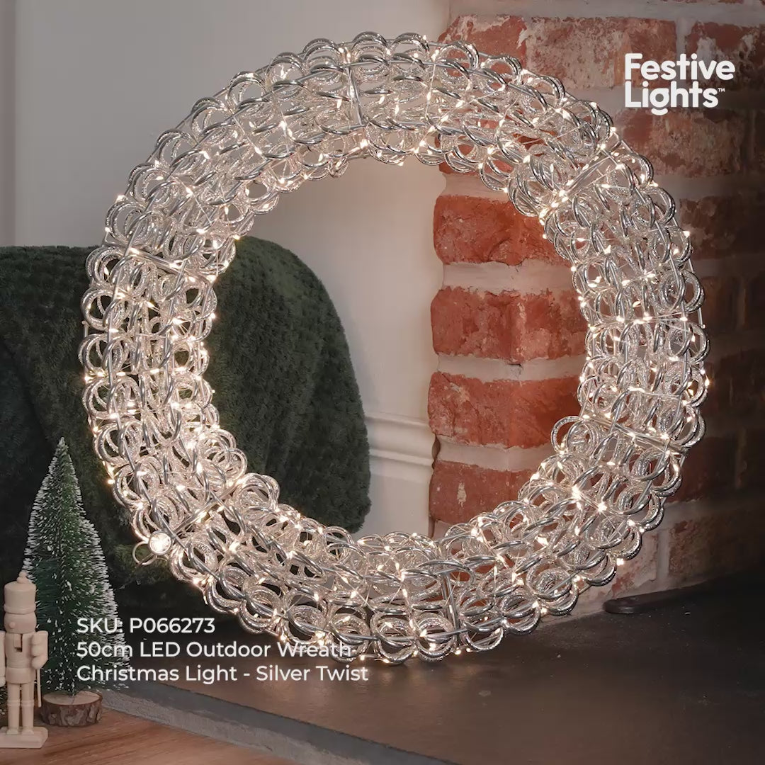 50cm LED Outdoor Wreath Christmas Light Silver Twist