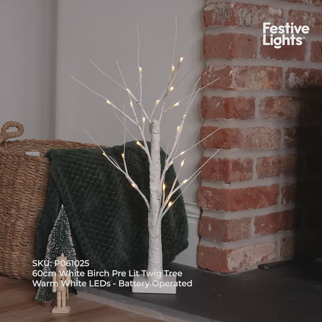 60cm Pre Lit Twig Tree Warm White LEDs Battery Operated
