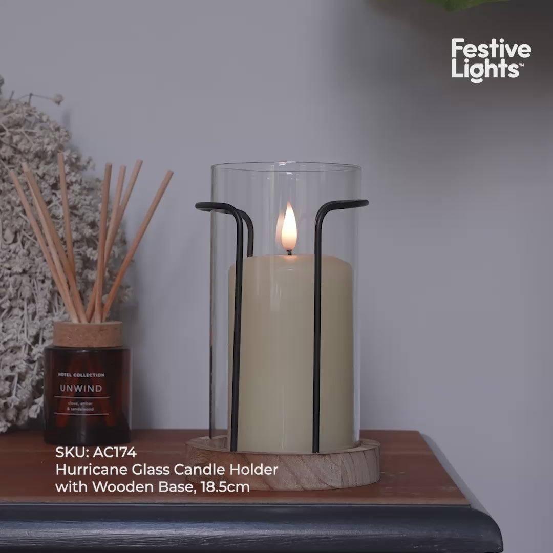 Hurricane Glass Candle Holder with Wooden Base