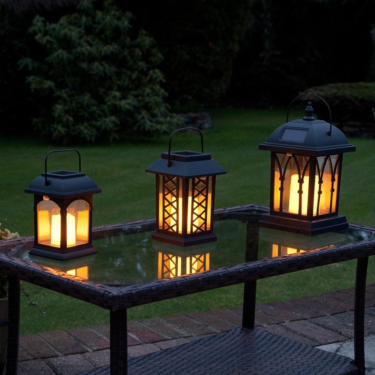 Solar Garden Flickering Candle Lantern, Amber LED, 3 Pack