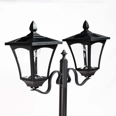 Large Black Twin Head Solar Security Lamp Post, 2.1m