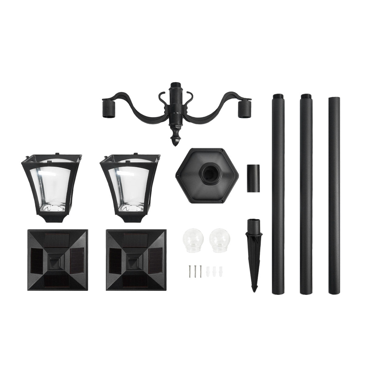 Large Black Twin Head Solar Security Lamp Post, 2.1m