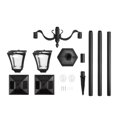 Large Black Twin Head Solar Security Lamp Post, 2.1m