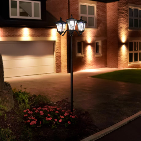 Large Black Triple Head Solar Security Lamp Post, 2.1m