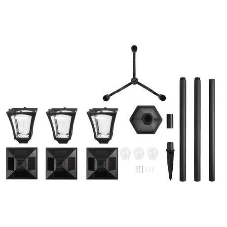 Large Black Triple Head Solar Security Lamp Post, 2.1m