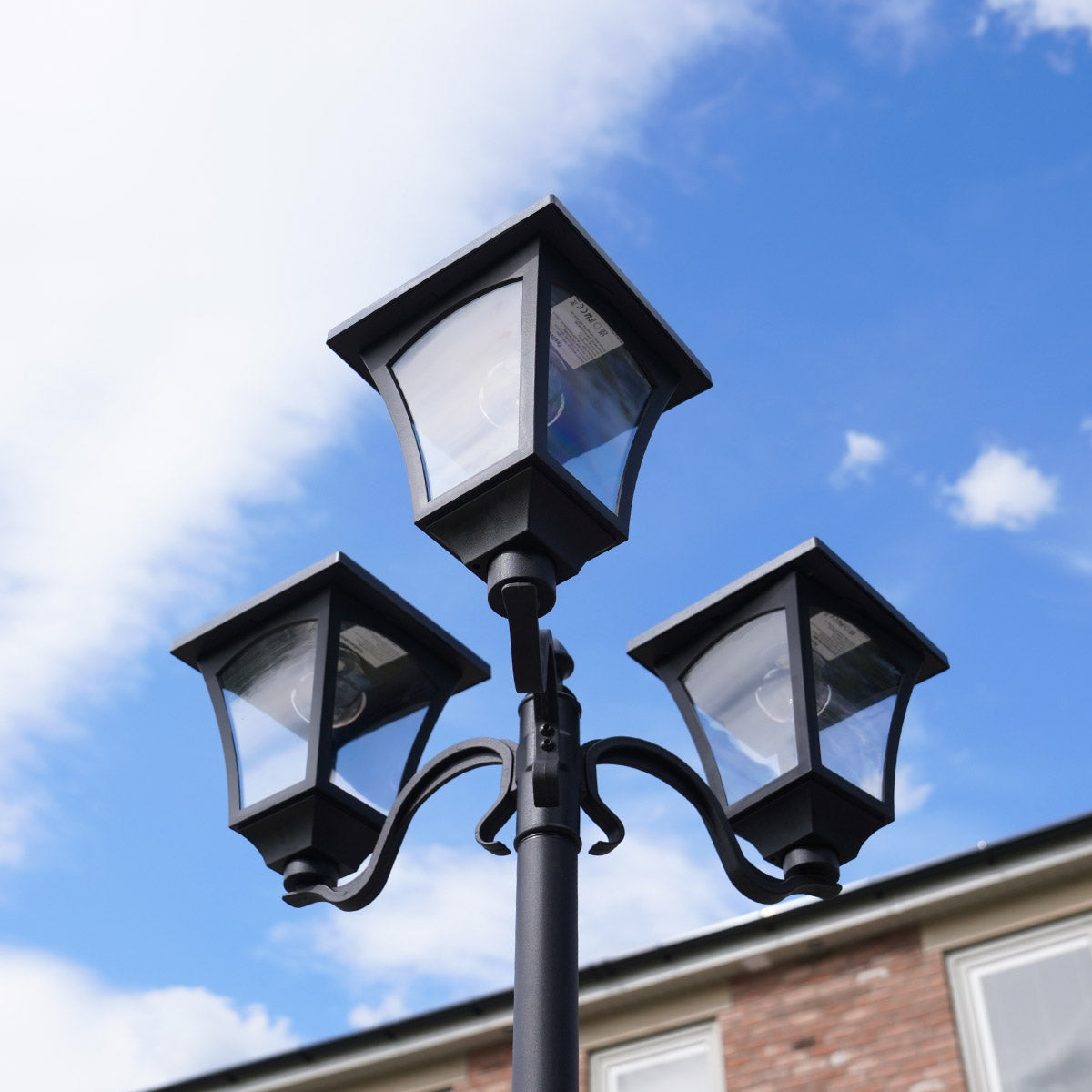 Large Black Triple Head Solar Security Lamp Post, 2.1m