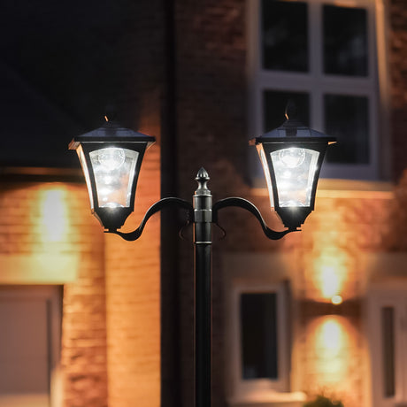Large Black Twin Head Solar Security Lamp Post, 2.1m