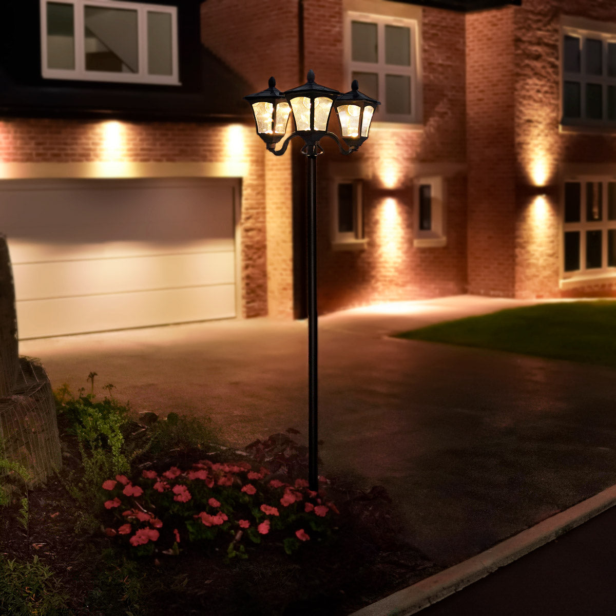 Large Black Triple Head Solar Security Lamp Post, 2.1m
