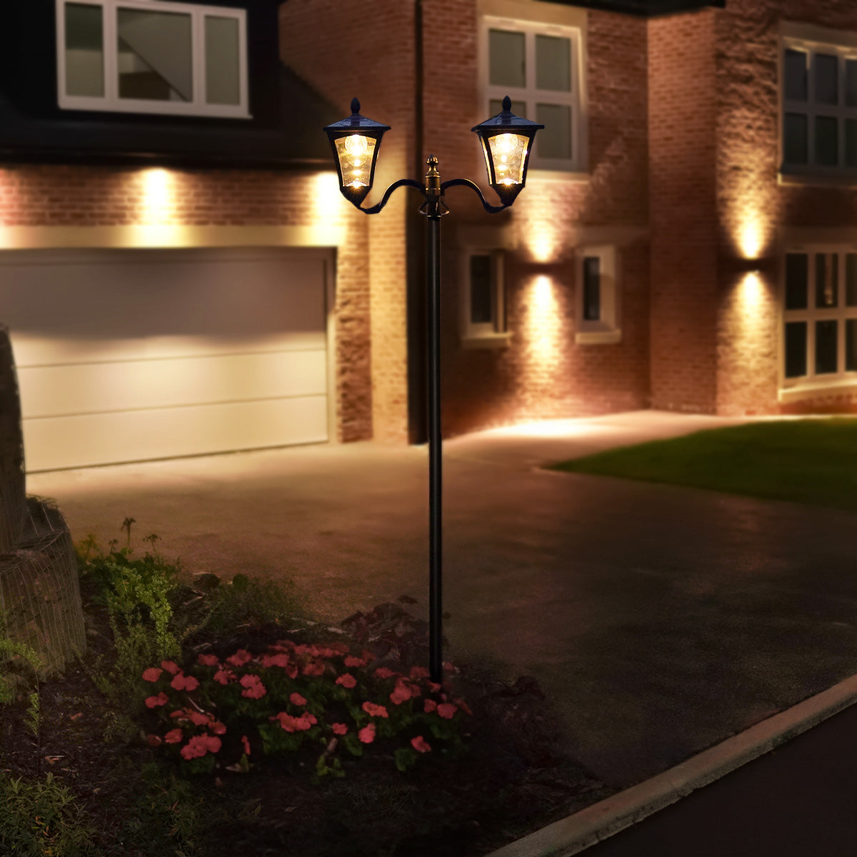 Large Black Twin Head Solar Security Lamp Post, 2.1m