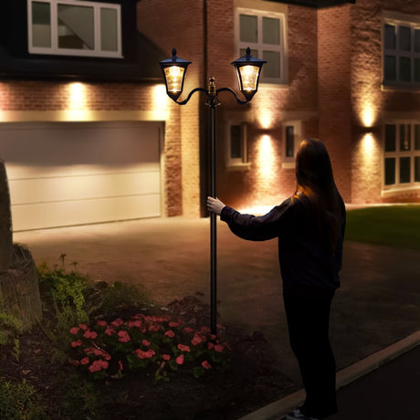 Large Black Twin Head Solar Security Lamp Post, 2.1m