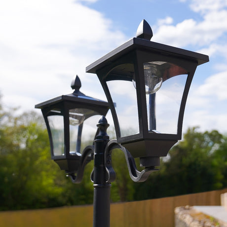 Large Black Twin Head Solar Security Lamp Post, 2.1m