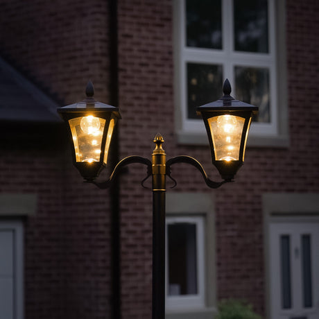 Large Black Twin Head Solar Security Lamp Post, 2.1m