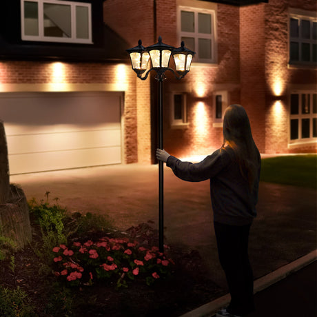 Large Black Triple Head Solar Security Lamp Post, 2.1m
