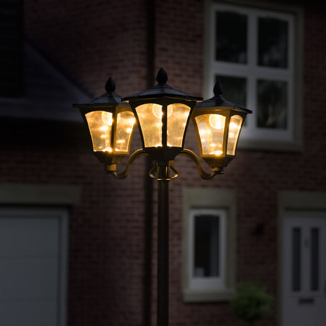 Large Black Triple Head Solar Security Lamp Post, 2.1m