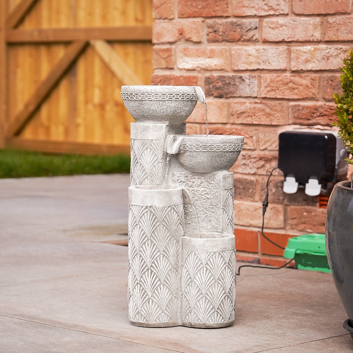 Solar & Plug-in White Seashell Pattern Cascading Bowls Water Feature