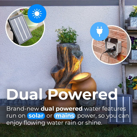 Plug-in & Solar Water Feature Rustic Tree Trunk with Planter 54cm
