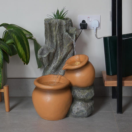 Plug-in & Solar Water Feature Rustic Tree Trunk with Planter 54cm