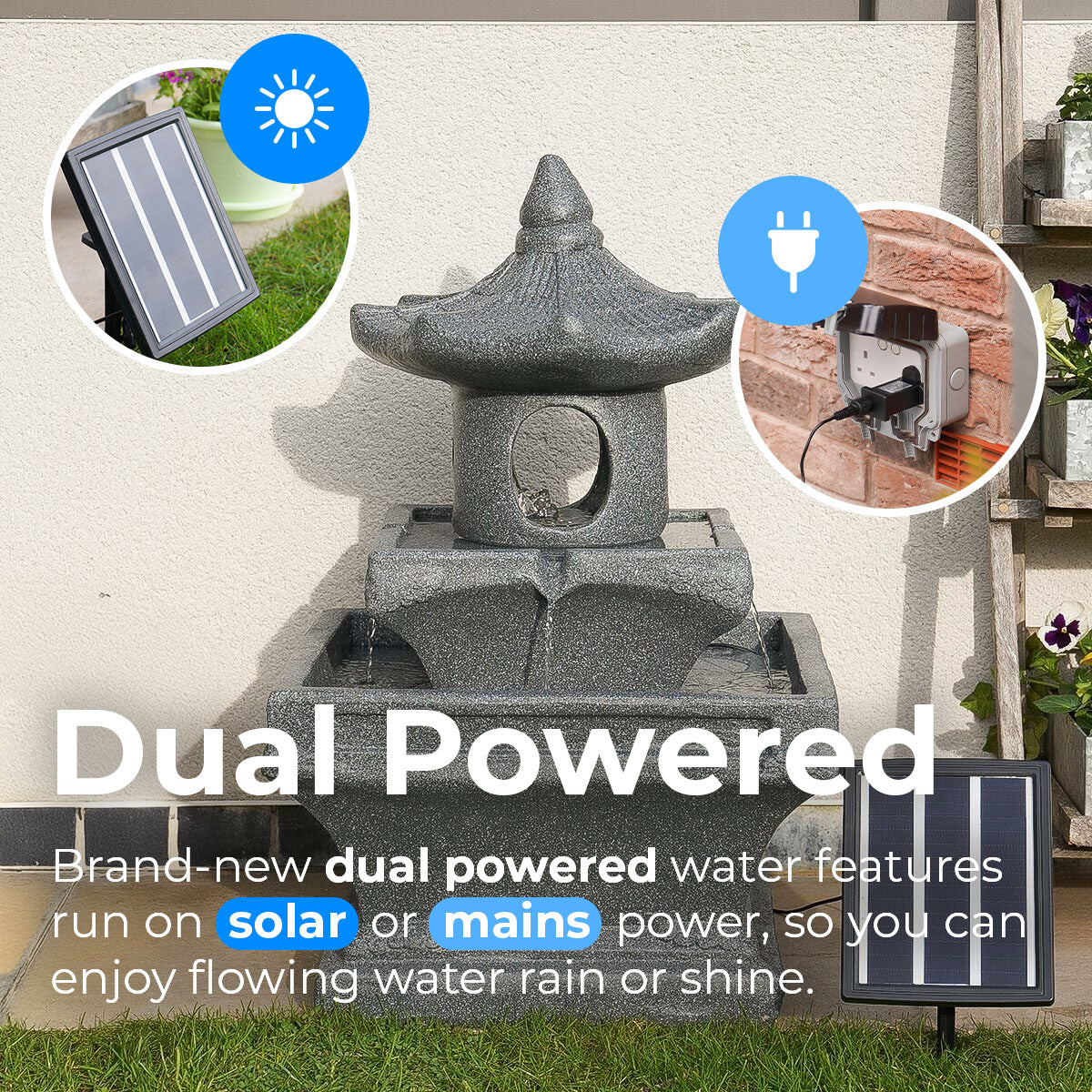 Solar & Plug-in Grey Pagoda Water Feature