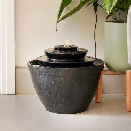 Plug-in & Solar Water Feature Black Cascading Bowl 30cm