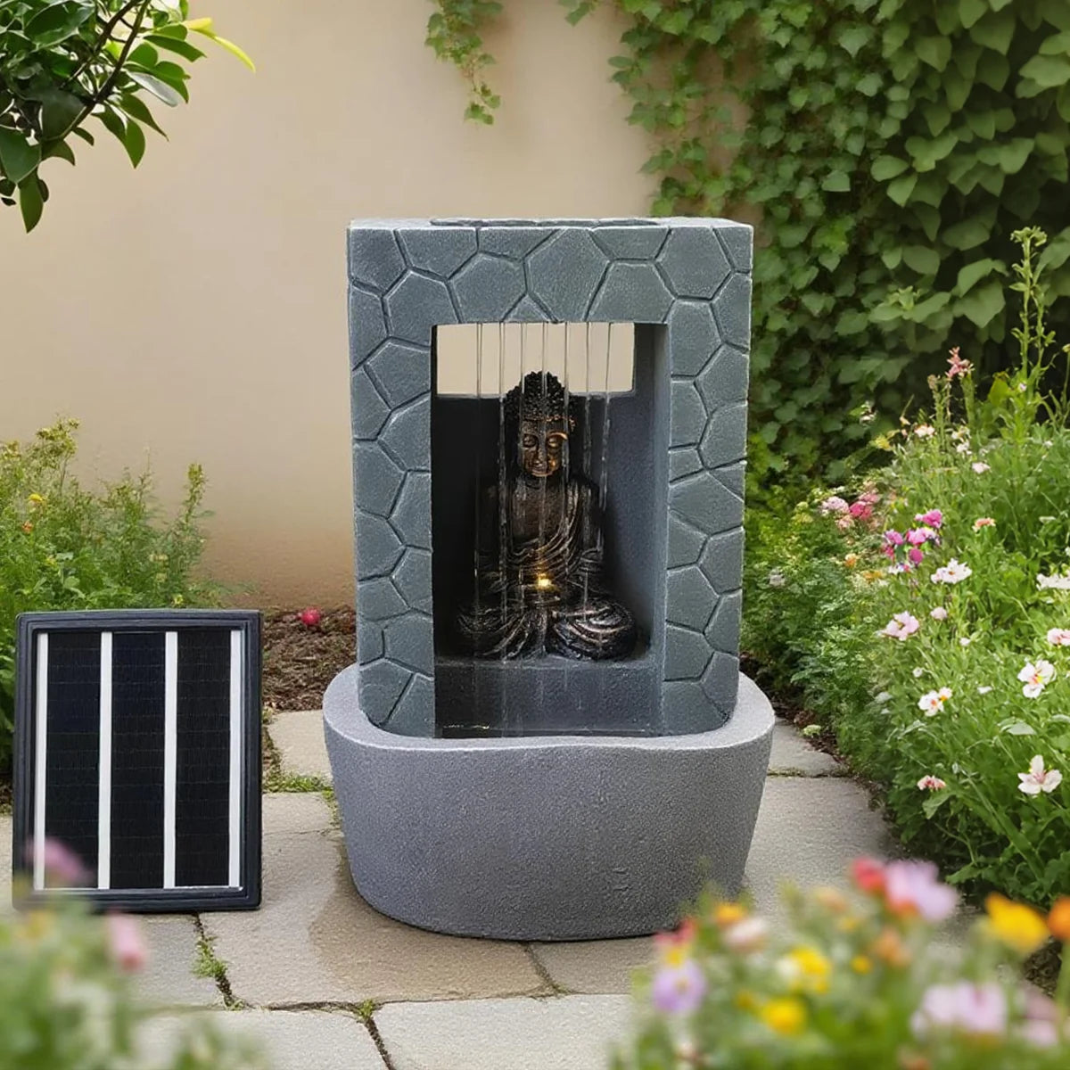 Solar & Plug-in LED Buddha Water Feature Garden Fountain 43cm