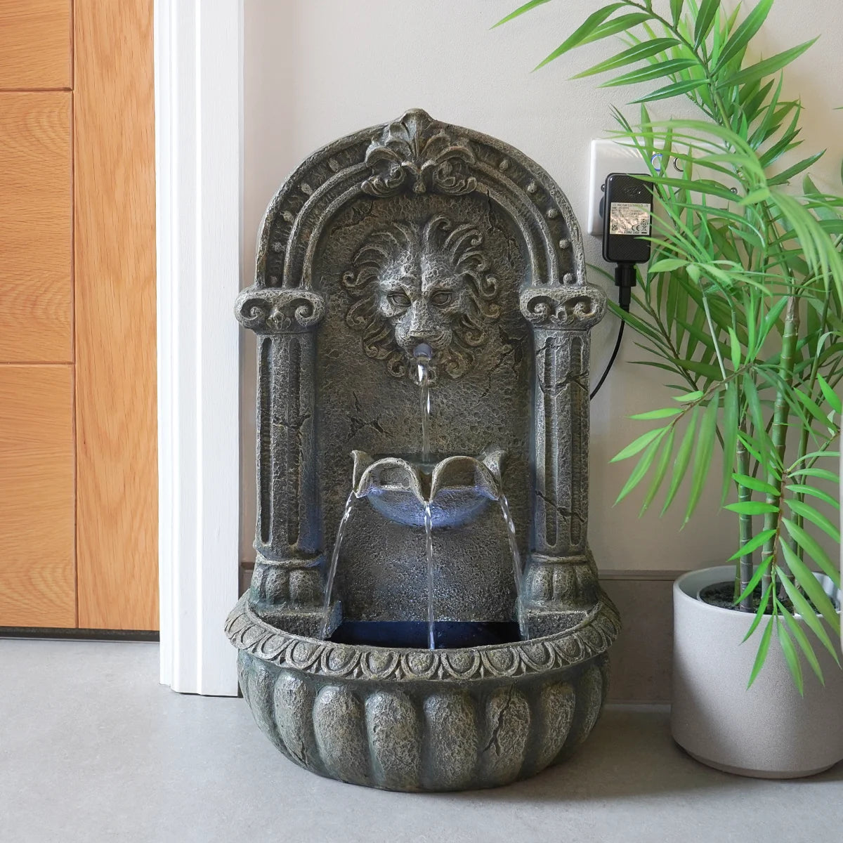 Plug-in & Solar Water Feature Lion 55cm