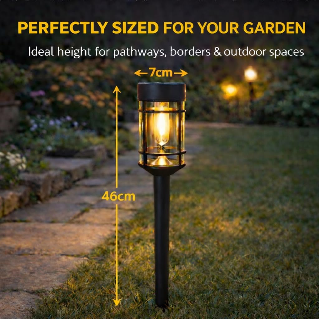 Warm White LED Solar Stake Lights (4-Pack) — 46cm Weatherproof Filament-Effect Garden Pathway Lanterns