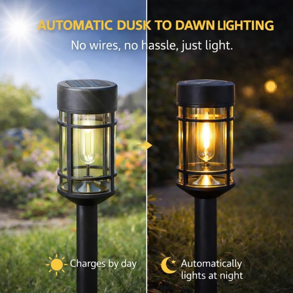 Warm White LED Solar Stake Lights (4-Pack) — 46cm Weatherproof Filament-Effect Garden Pathway Lanterns
