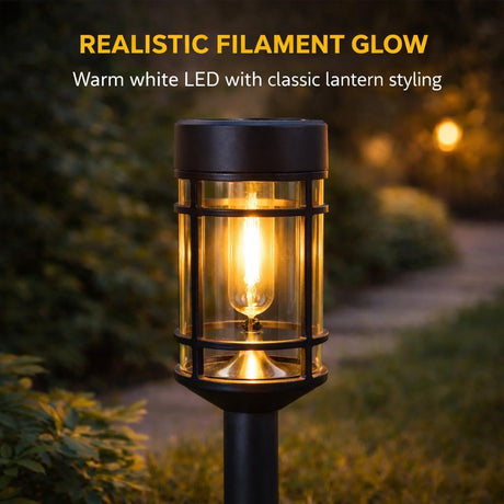 Warm White LED Solar Stake Lights (4-Pack) — 46cm Weatherproof Filament-Effect Garden Pathway Lanterns