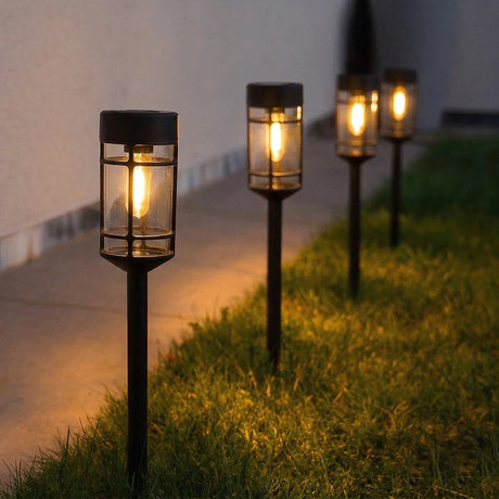 Warm White LED Solar Stake Lights (4-Pack) — 46cm Weatherproof Filament-Effect Garden Pathway Lanterns