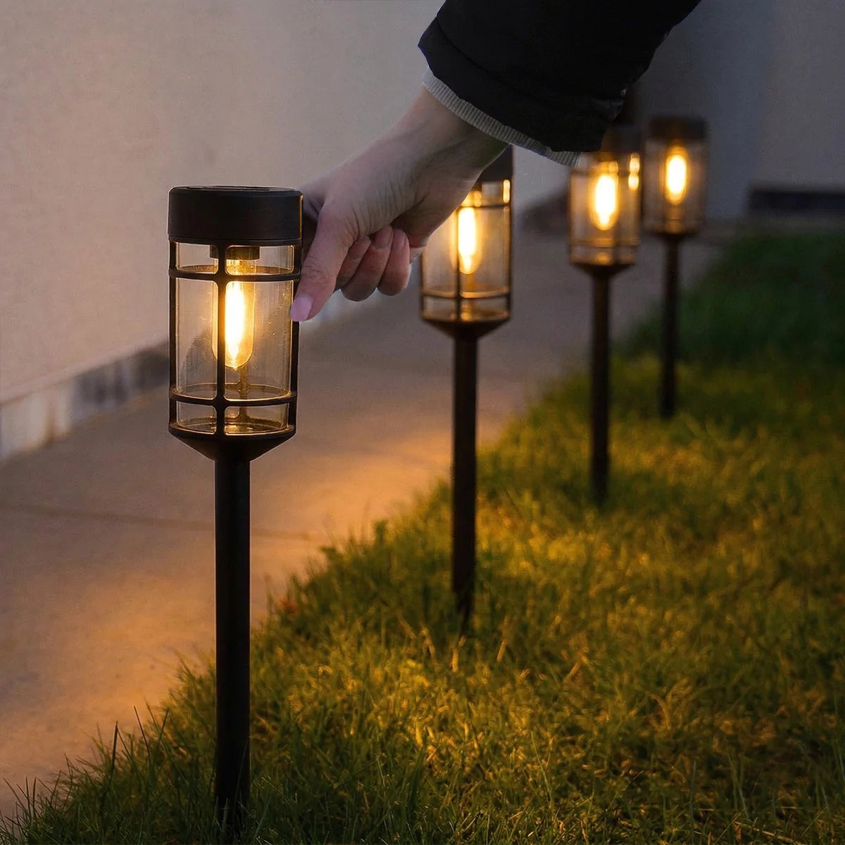 Warm White LED Solar Stake Lights (4-Pack) — 46cm Weatherproof Filament-Effect Garden Pathway Lanterns