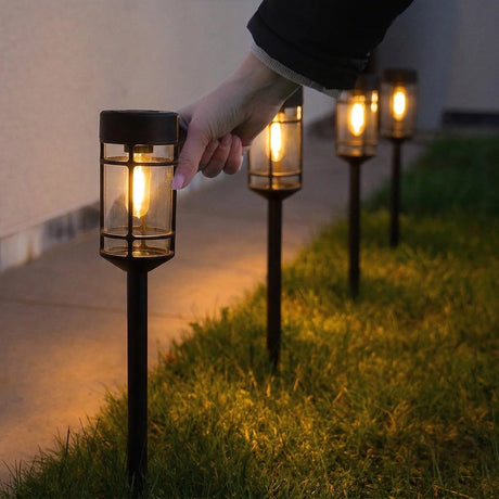 Warm White LED Solar Stake Lights (4-Pack) — 46cm Weatherproof Filament-Effect Garden Pathway Lanterns