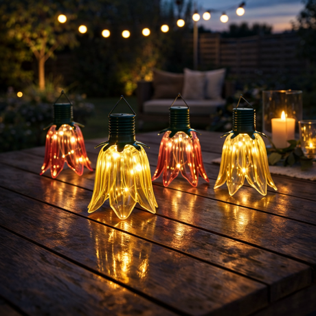4 Tulip Solar Hanging Lights Pink & Yellow