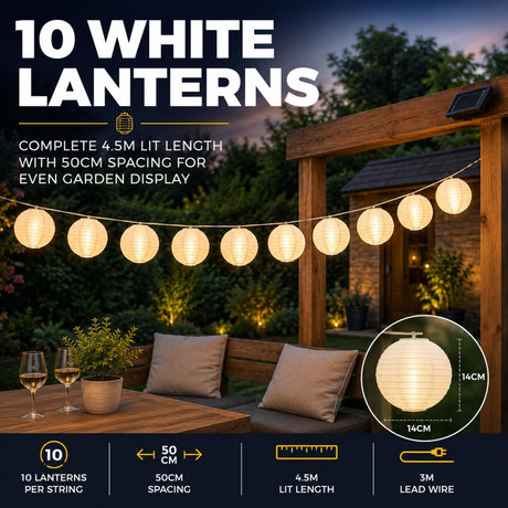 10 XL Chinese Lantern Solar Fairy Lights – Warm White LED Outdoor Garden String Lights 4.5m