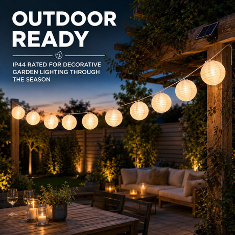 10 XL Chinese Lantern Solar Fairy Lights – Warm White LED Outdoor Garden String Lights 4.5m