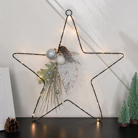 50cm Battery Hanging Star Light with Silver Berries & Pinecones