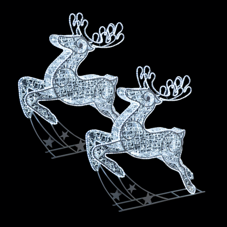 Life-Size Outdoor Reindeer and Sleigh Christmas Figure Blue & White Flashing LED Motif
